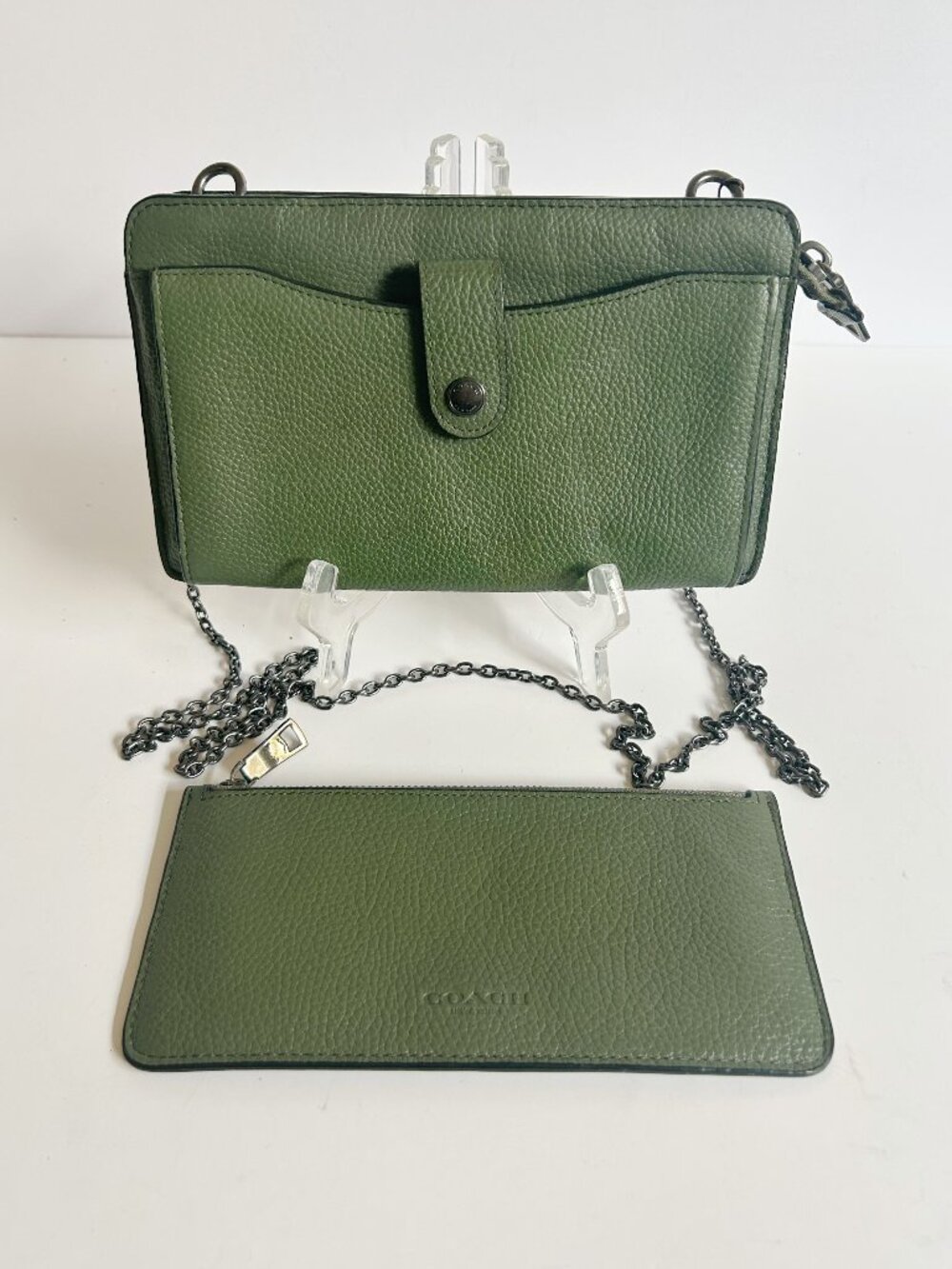 COACH Olive Green Pebble Leather Crossbody Bag Clutch w/Card Case